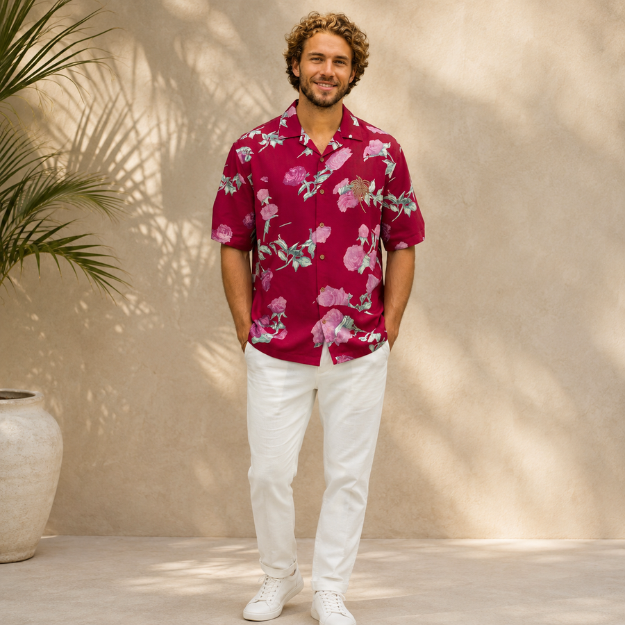Men’s Red Floral Printed Shirt for Men Half Sleeve Regular Fit Casual Beach Wear Summer Hawaiian Button Down Shirt