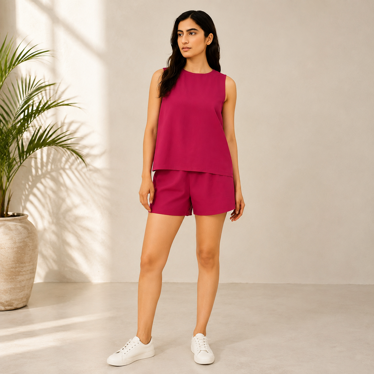 Women’s Pink Co-Ord Set Sleeveless Top & Shorts Set | Stylish Solid Two Piece Outfit for Women