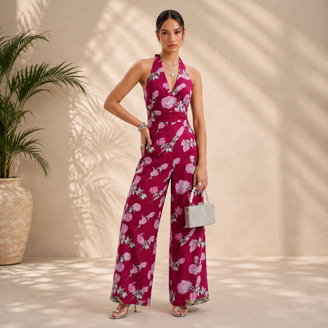 Women’s Red Floral Printed Halter Neck Jumpsuit for Women Sleeveless Wide Leg Casual Summer Outfit Elegant Backless Playsuit