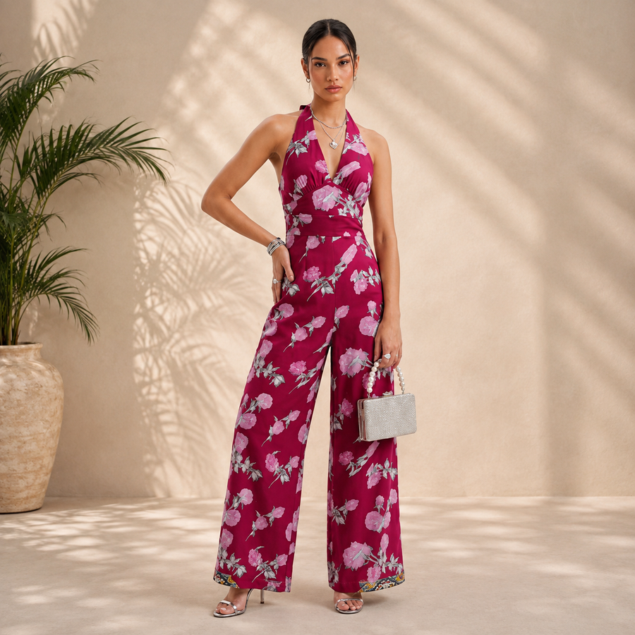 Women’s Red Floral Printed Halter Neck Jumpsuit for Women Sleeveless Wide Leg Casual Summer Outfit Elegant Backless Playsuit
