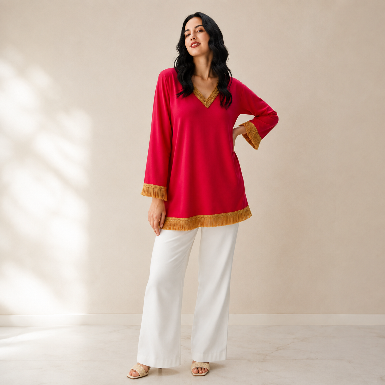 Women’s Pink Solid V-Neck Kurti Full Sleeve Casual Stylish Top for Women