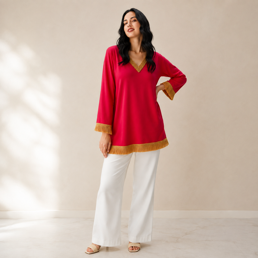 Women’s Pink Solid V-Neck Kurti Full Sleeve Casual Stylish Top for Women