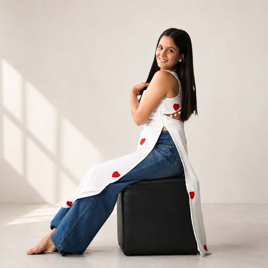 Women’s White Sleeveless Kurti, Backless Cutout with Heart Embroidery & Cowrie Shell Detail