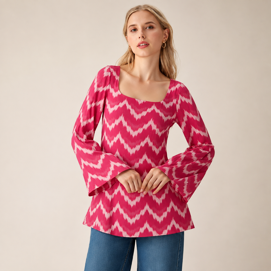 Women’s Pink Tie-Dye Rayon Short Kurti | Back Criss Cross Lace-Up Design, Square Neck & Bell Sleeves