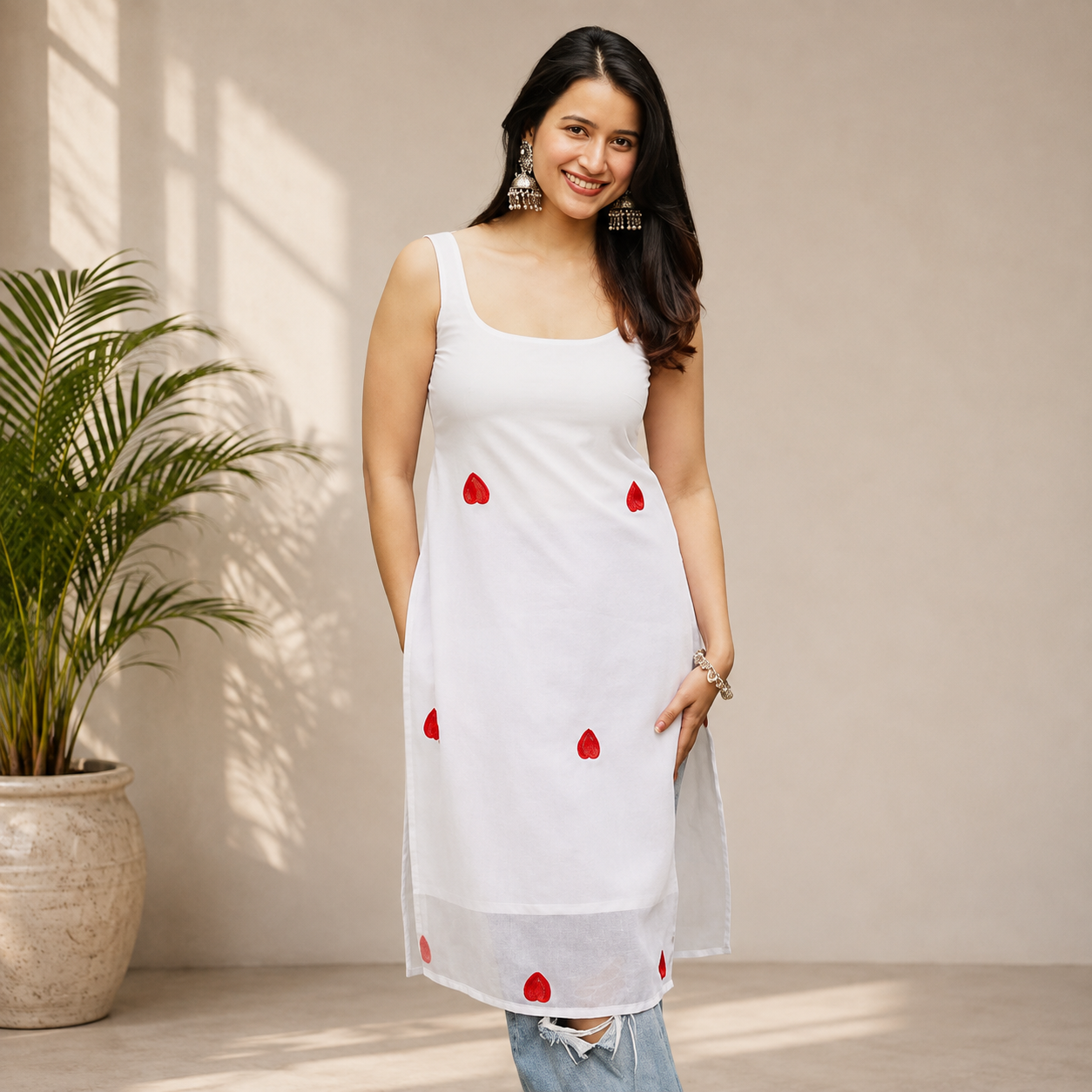White Cotton Kurti, Sleeveless Square Neck, Heart Print, Knee-Length, Criss Cross Back Design