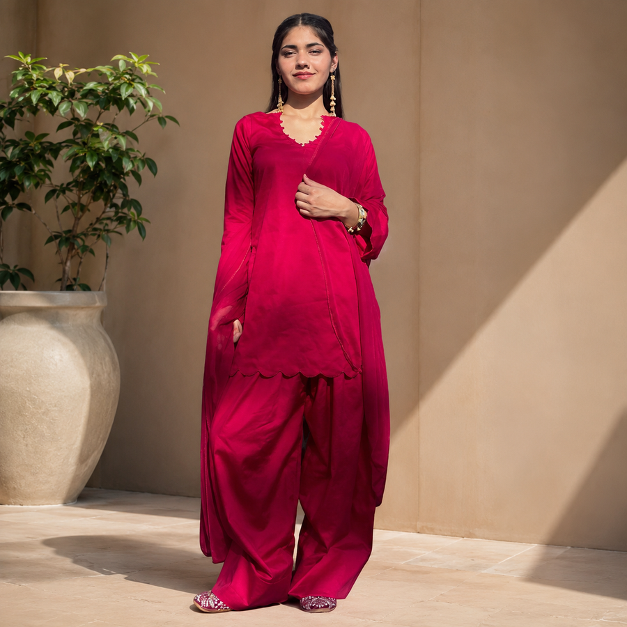 Women’s Red Farsi Suit Set with Dupatta | Ethnic Kurta Palazzo (Farsi Salwar) Set