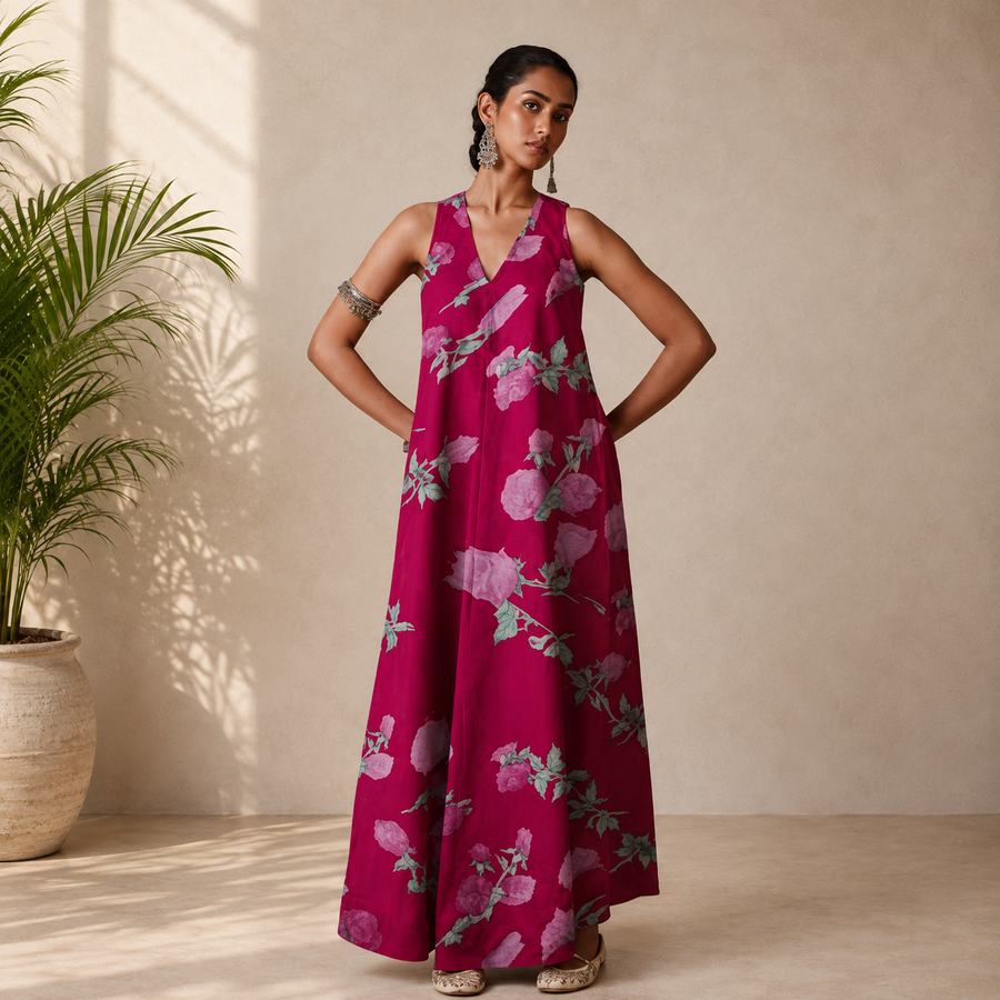 Women’s Red Floral Printed Maxi Dress Sleeveless V Neck A-Line Long Dress for Women Elegant Casual Summer Dress Lightweight Comfortable Stylish Ethnic Western Outfit