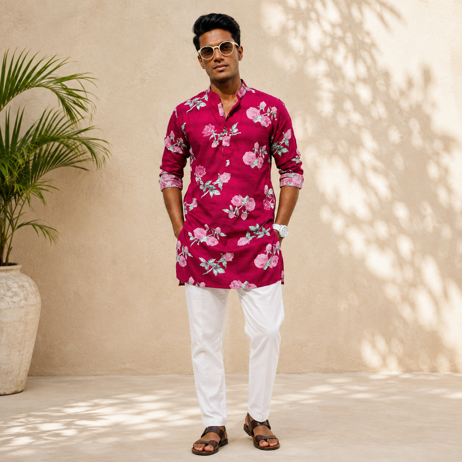 Men Red Floral Printed Short Kurta Mandarin Collar Full Sleeve Casual Ethnic Wear Stylish Regular Fit Short Kurta