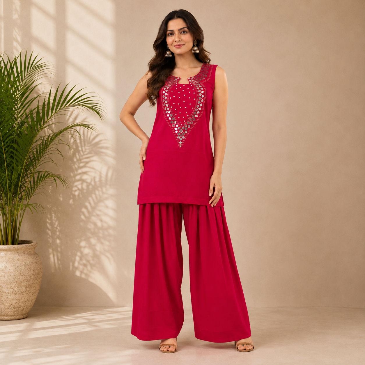Red Ethnic Farshi Salwar Set with Mirror Work | Wedding and Festive outfits