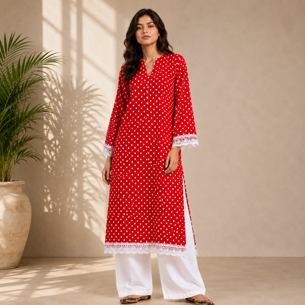 Red and White Polka Dot Kurta Set