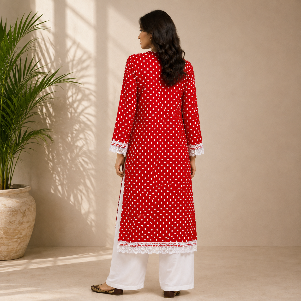 Red and White Polka Dot Kurta Set