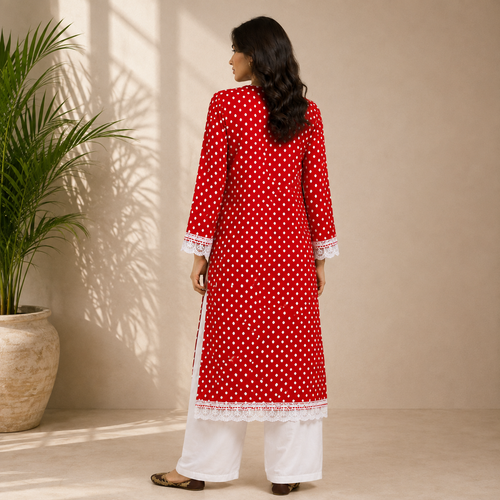 Red and White Polka Dot Kurta Set